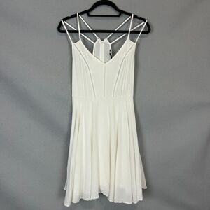 Aakaa White Strappy Caged V Neck Mini Skater Dress L Flowy Fit Flare Boho Chic